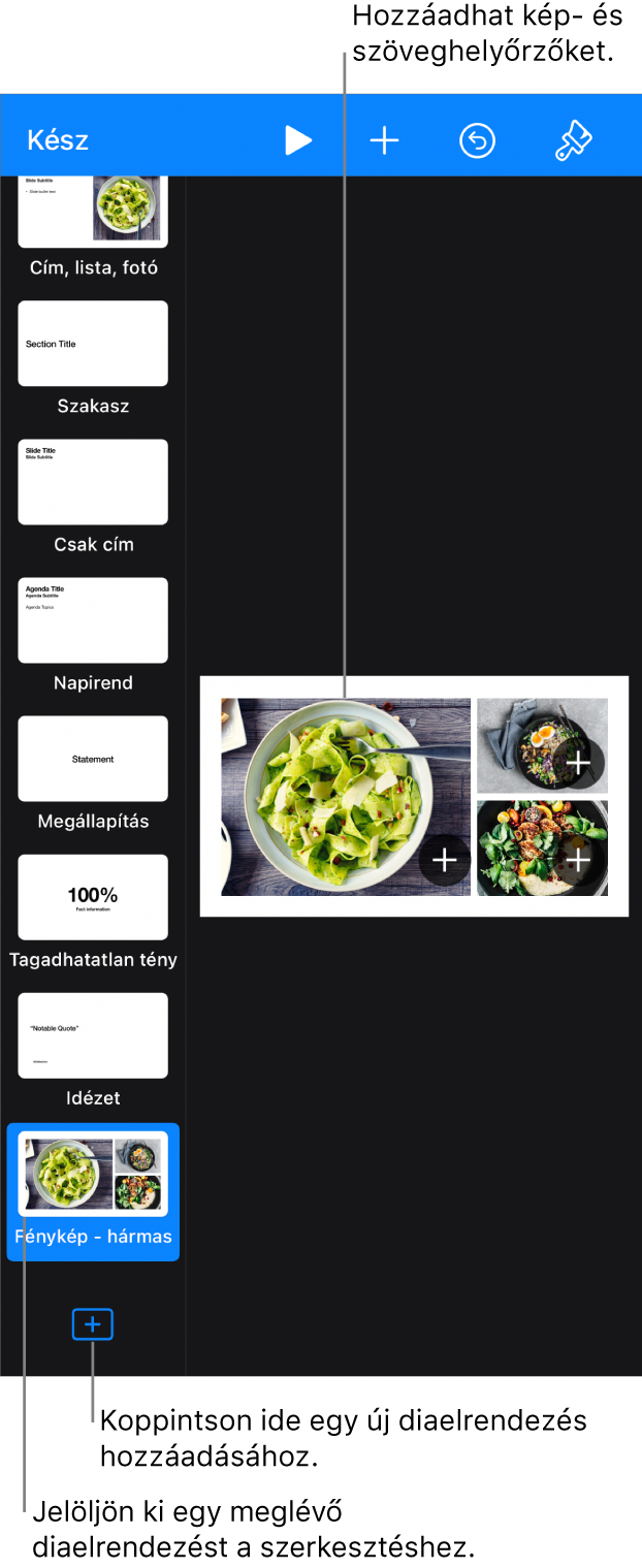 A diavásznon egy diaelrendezés látható, a dianavigátor alsó részén pedig a Diaelrendezés hozzáadása gomb.