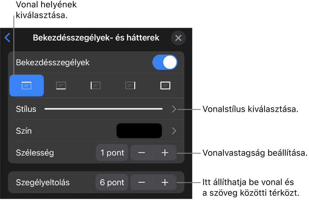 Vezérlők a vonal stílusának, vastagságának, helyének és színének módosításához.