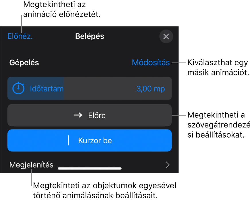 Az Animációra vonatkozóan megadhatja az időtartam, a szöveganimáció és a végrehajtás beállításait. Ha másik animációt szeretne választani koppintson a Módosítás lehetőségre, vagy az Előnézet lehetőségre koppintva megtekintheti az animáció előnézetét.