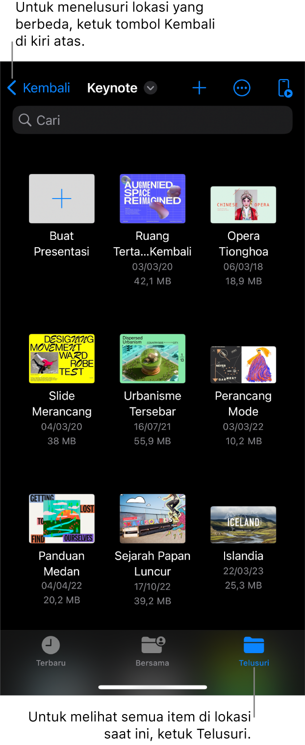 Tampilan telusur pengelola presentasi dengan tautan lokasi di pojok kiri atas dan di bawahnya terdapat bidang Cari. Di pojok kanan atas adalah tombol Tambah, Lainnya, dan Jarak Jauh. Di bagian bawah layar, terdapat tombol Terbaru, Bersama, dan Telusuri.