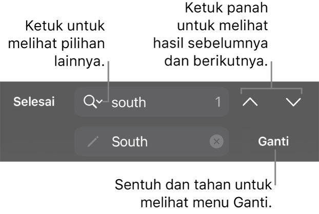 Kontrol Temukan & Ganti di atas papan ketik dengan keterangan pada tombol Pilihan Cari, Ganti, Ke Atas, dan Ke Bawah.