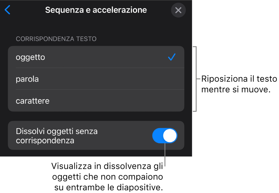 Opzioni di sequenza e accelerazione di “Spostamento magico” nel pannello Accelerazione.