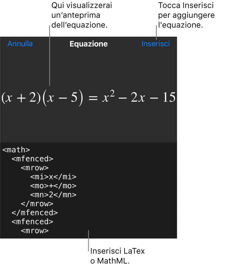 La finestra di dialogo Equazione che mostra l'equazione scritta tramite comandi MathML e un'anteprima della formula di cui sopra.