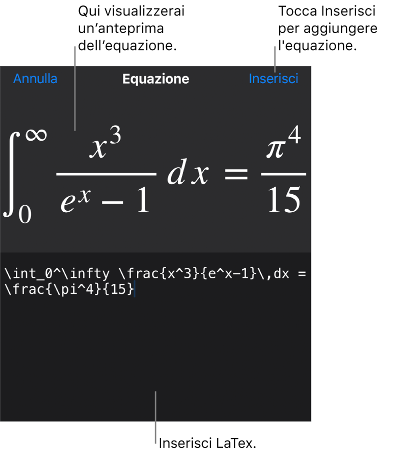 La finestra di dialogo Equazione con l’equazione scritta tramite comandi LaTeX e un’anteprima della formula di cui sopra.