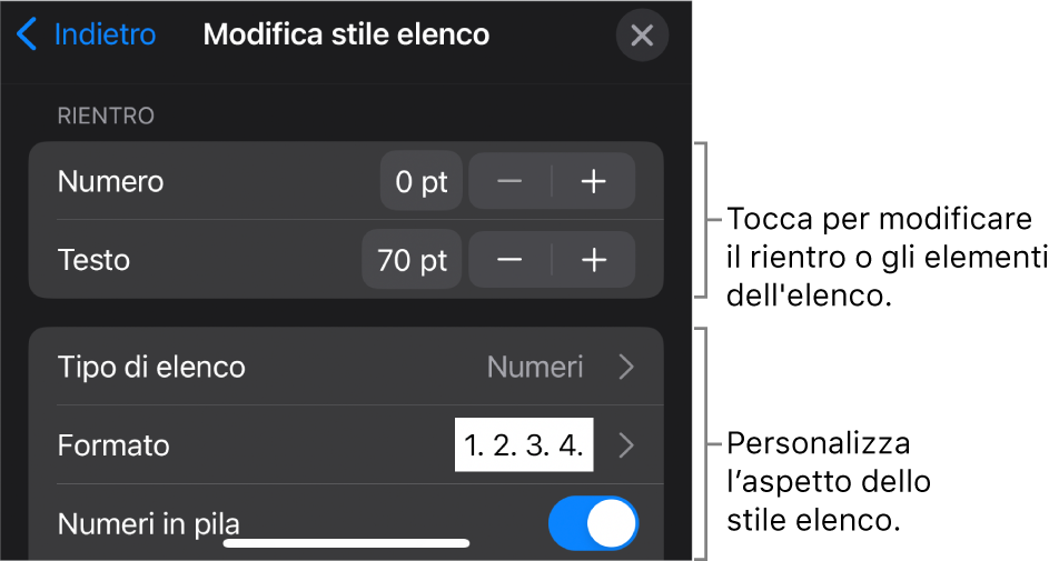 Menu “Modifica stile elenco” con controlli per modificare il tipo e l'aspetto dell'elenco.