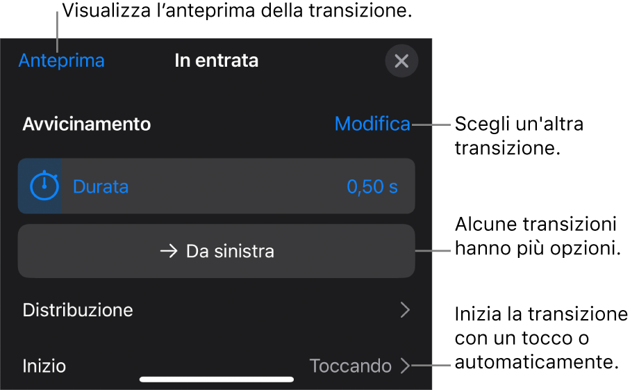 Controlli nel pannello Opzioni per modificare una transizione.