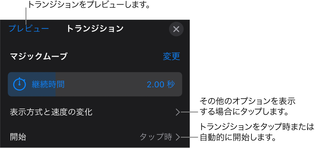 「トランジション」パネルに表示されている「マジックムーブ」コントロール。