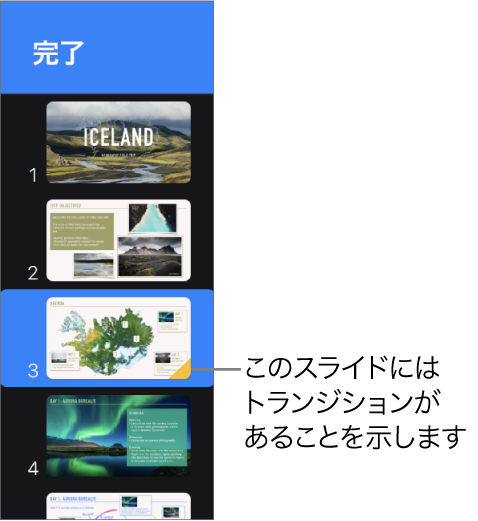 スライド上の黄色い三角形は、スライドにトランジションがあることを示します。