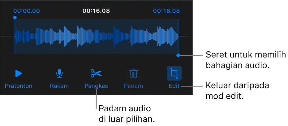 Kawalan untuk mengedit audio yang dirakam. Pemegang menunjukkan bahagian rakaman yang dipilih dan butang Pratonton, Rakam, Pangkas, Padam dan Mod Edit adalah di bawah.