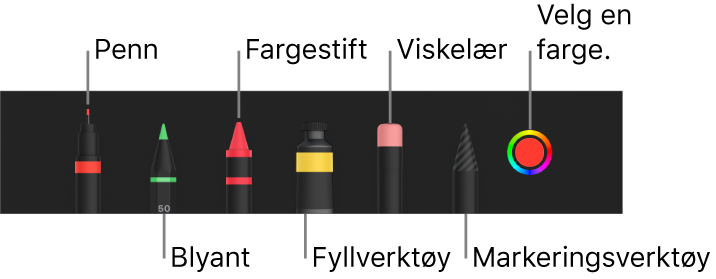 Tegneverktøylinjen med en penn, blyant, fargestift, fyllverktøy, viskelær, markeringsverktøy og fargefelt som viser den gjeldende fargen.