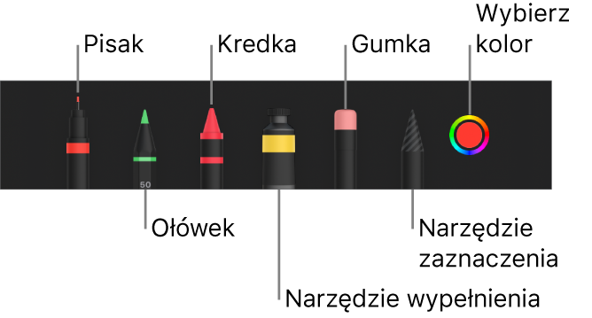 Pasek narzędzi rysowania: pisak, ołówek, kredka, wypełnianie, gumka i zaznaczanie. Oprócz nich widoczna jest także paleta kolorów, zawierająca bieżący kolor.