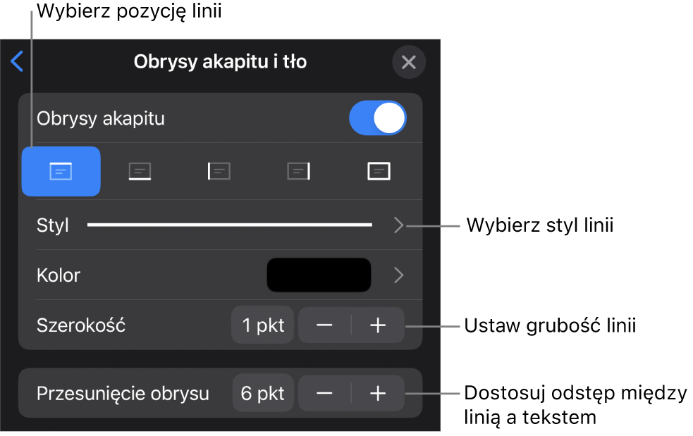 Narzędzia zmieniania stylu, grubości, pozycji i koloru linii.