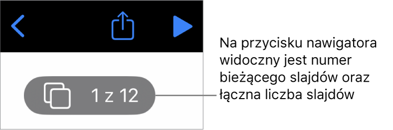 Przycisk nawigatora slajdów z wyświetlonym numerem bieżącego slajdu oraz łączną liczbą slajdów w prezentacji.