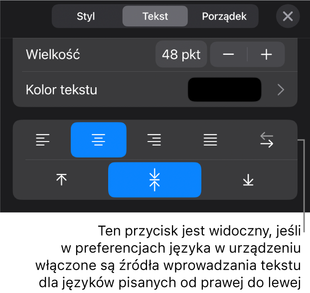 Narzędzia tekstu w menu Format z objaśnieniem wskazującym przycisk Od prawej do lewej.