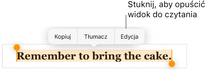 Zaznaczone zdanie z widocznym powyżej niego menu kontekstowym zawierającym przyciski Kopiuj oraz Edycja.