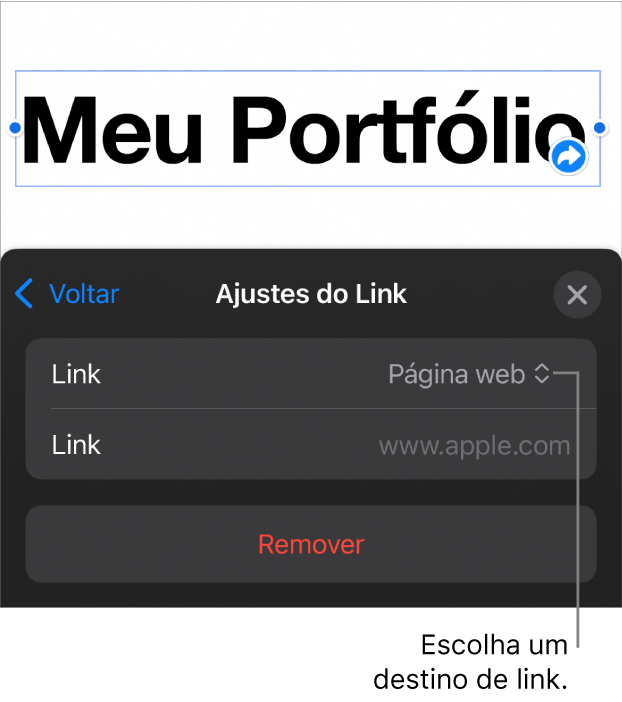 Controles de “Ajustes do Link” com Página Web selecionado e o botão Remover na parte inferior.