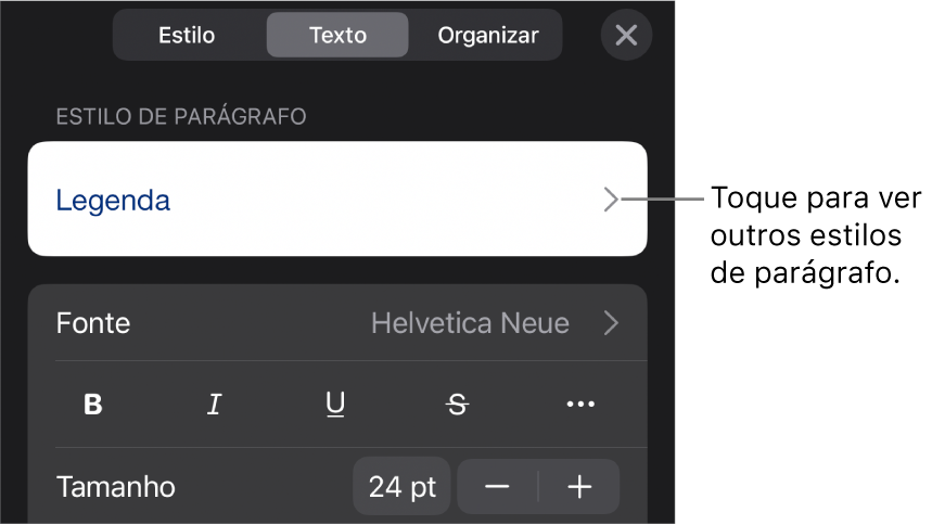 O menu Formatar, mostrando controles de texto para definir estilo, fonte, tamanho e cor de caractere e parágrafo.
