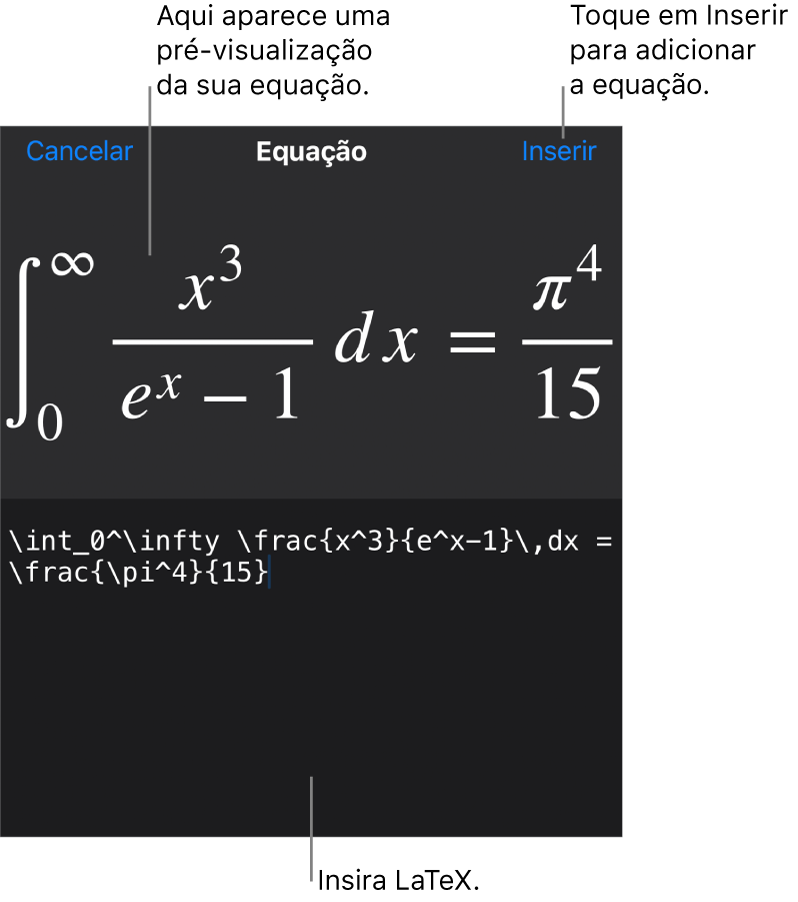 O diálogo de Equação, mostrando uma equação escrita com comandos LaTex e uma pré-visualização da fórmula acima.