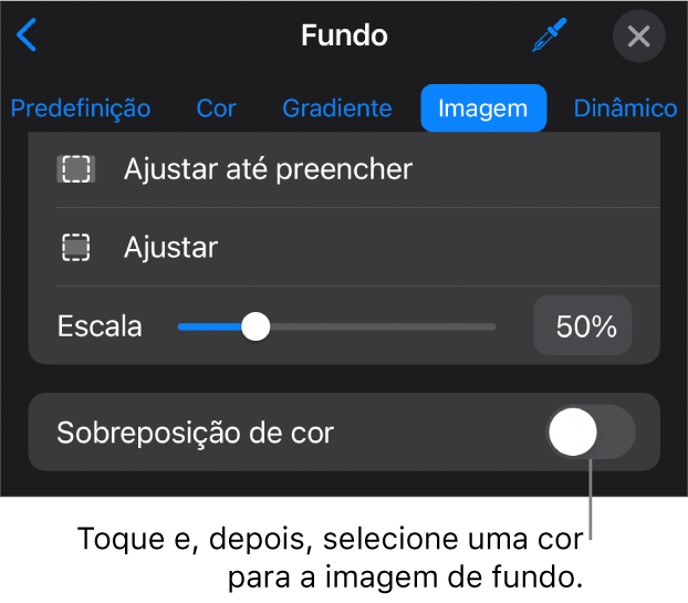 Os controlos de fundo, com uma imagem definida como o fundo do diapositivo e o controlo “Sobreposição de cor” na parte inferior.