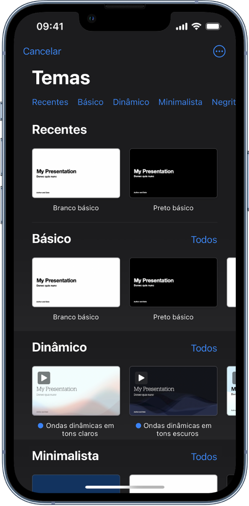  A lista de temas com uma linha de categorias visível na parte superior, na qual é possível tocar para filtrar as opções. Por baixo encontram-se as miniaturas de temas preconcebidos organizados em linhas por categoria.