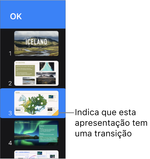 Um triângulo amarelo sobre um diapositivo indica que o dispositivo tem uma transição.