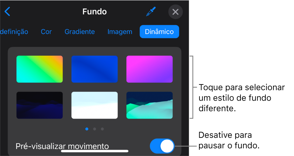 Os controlos de fundo dinâmico com as miniaturas do estilo de fundo e o botão Pré‑visualizar movimento apresentados.