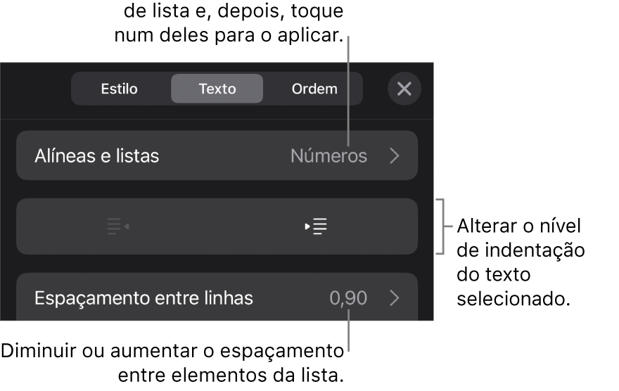 A secção “Marcas e listas” dos controlos de Formatação com chamadas para “Marcas e listas”, botões de remover indentação e de indentação e controlos de espaçamento.