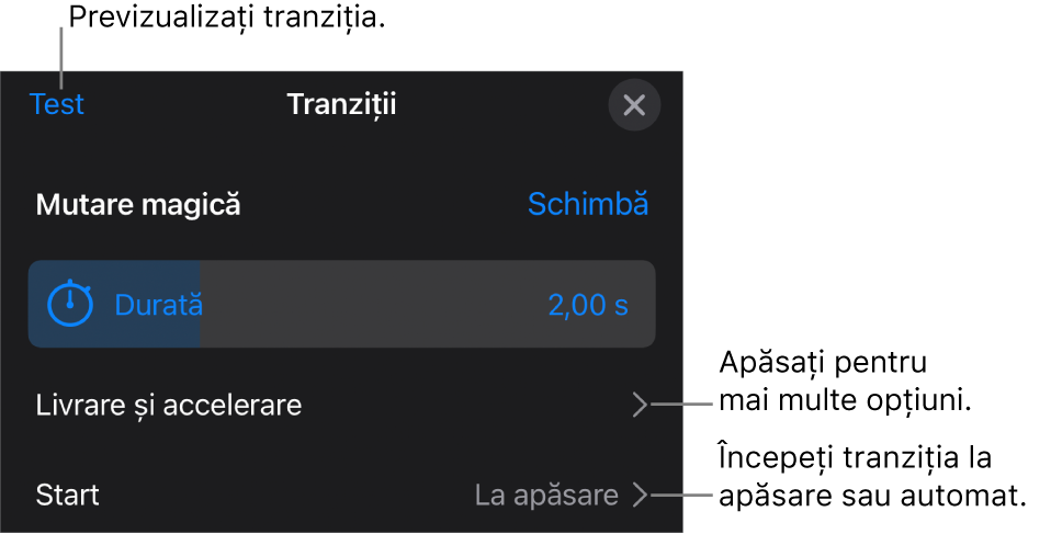 Comenzi Mutare magică în panoul Tranziții.