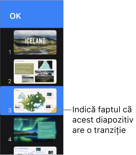 Un triunghi galben aflat pe un diapozitiv indică faptul că acesta deține o tranziție.