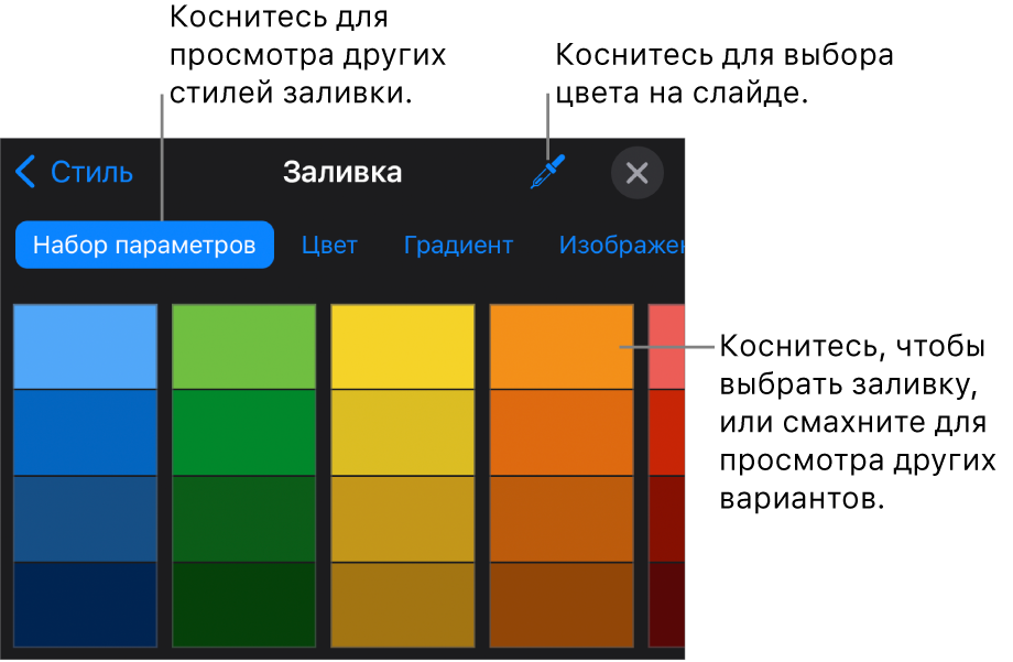 Параметры заливки во вкладке «Стиль».