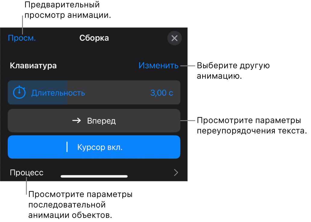 Параметры анимации, в том числе длительность, анимация текста и процесс. Коснитесь «Изменить», чтобы выбрать другую анимацию, или коснитесь «Просмотр», чтобы просмотреть анимацию.