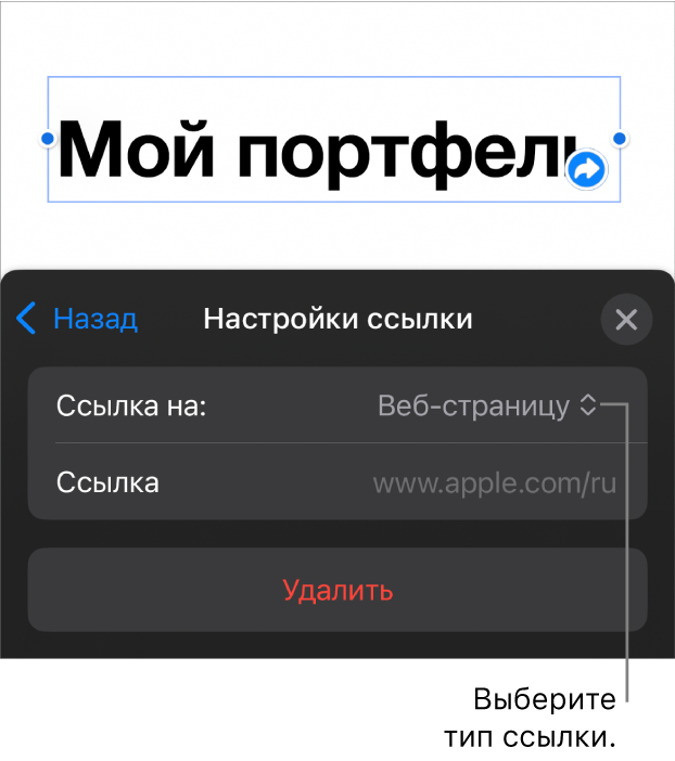 Элементы управления «Настройки ссылки»; выбран элемент «Веб-страница». В нижней части экрана показана кнопка «Удалить».