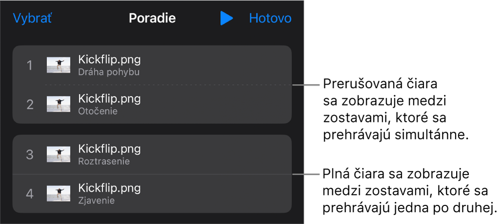 Menu Poradie s prerušovanou čiarou medzi zostavami, ktoré sa prehrávajú simultánne, a neprerušovanou čiarou medzi zostavami, ktoré sa prehrávajú jedna po druhej.