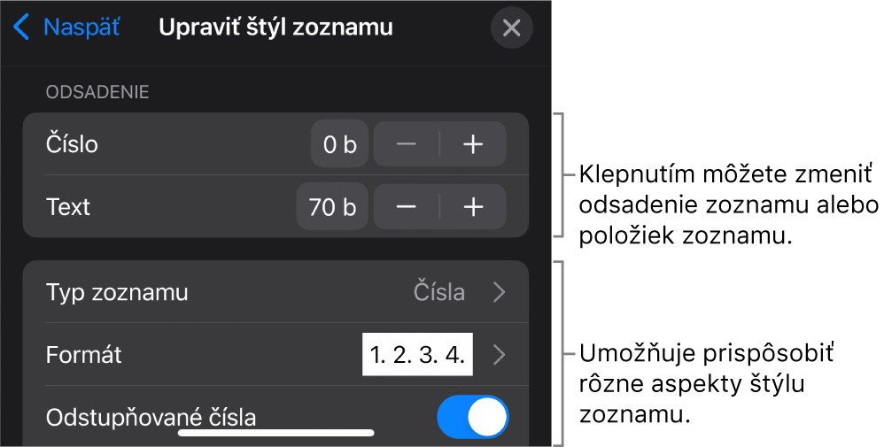 Menu Upraviť štýl zoznamu s ovládacími prvkami na úpravu typu a vzhľadu zoznamu.