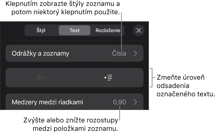 Sekcia Odrážky a zoznamy ovládacích prvkov Formát s bublinami popisujúcimi položku Odrážky a zoznamy, tlačidlami odsadenia a ovládacími prvkami na nastavenie medzery medzi riadkami.