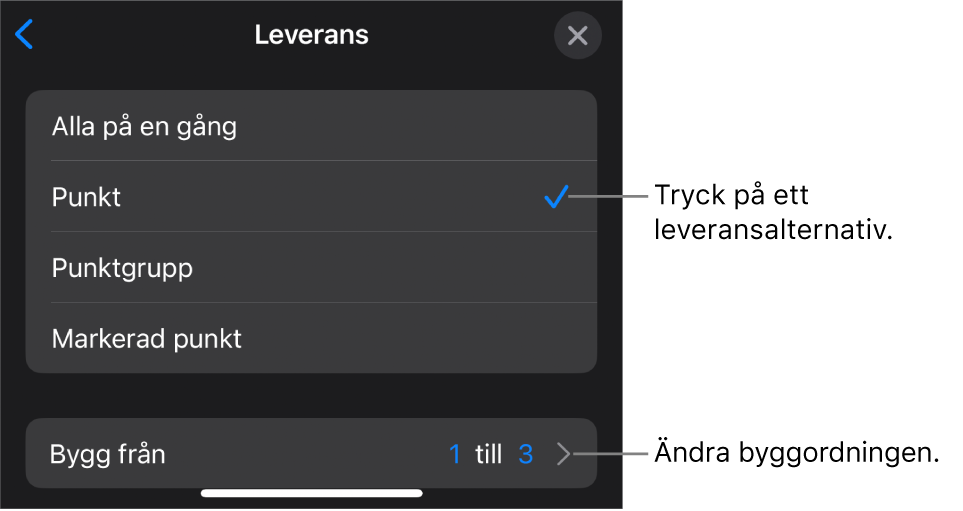 Leveransalternativ på panelen Bygg in.