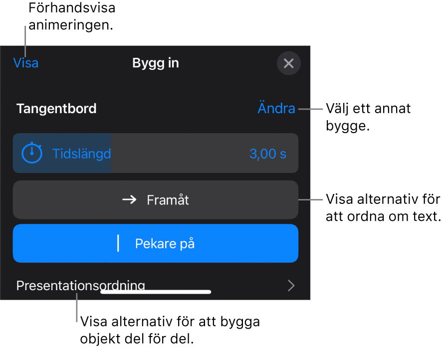 Du kan ange byggalternativ som tidslängd, textanimering och textleverans. Tryck på Ändra om du vill välja ett annat bygge, eller tryck på Förhandsvisa om du vill förhandsvisa bygget.