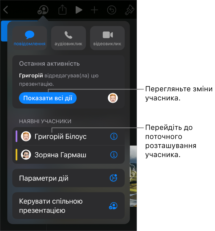 Меню «Співпраця», у якому зазначені поточні учасники.