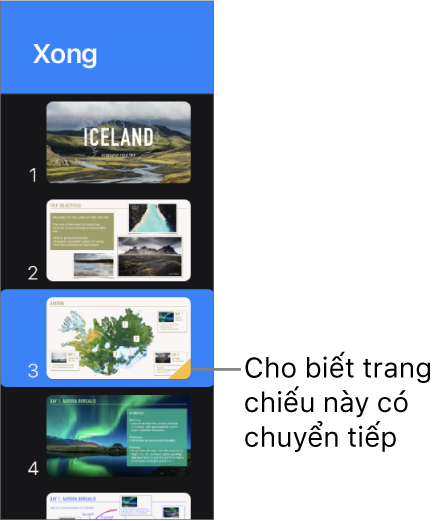 Tam giác màu vàng trên trang chiếu biểu thị rằng trang chiếu được áp dụng hiệu ứng chuyển tiếp.