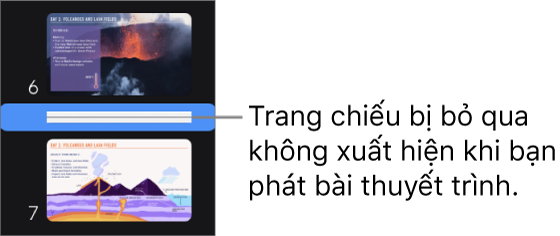 Trình điều hướng trang chiếu với trang chiếu bị bỏ qua đang hiển thị dưới dạng một đường ngang.