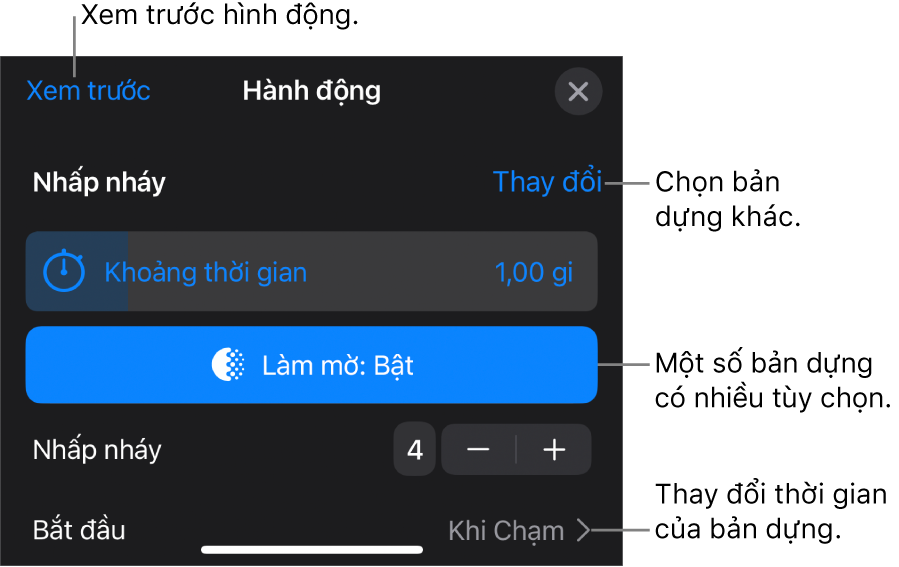 Các tùy chọn bản dựng bao gồm Thời lượng và Định thời gian bắt đầu. Chạm vào Thay đổi để chọn bản dựng khác hoặc chạm vào Xem trước để xem trước bản dựng.