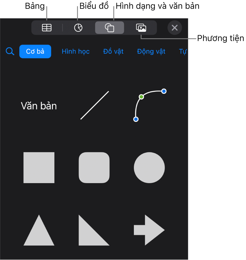 Các điều khiển để thêm đối tượng, với các nút ở trên cùng để chọn bảng, biểu đồ, hình (bao gồm các đường và hộp văn bản) và phương tiện.