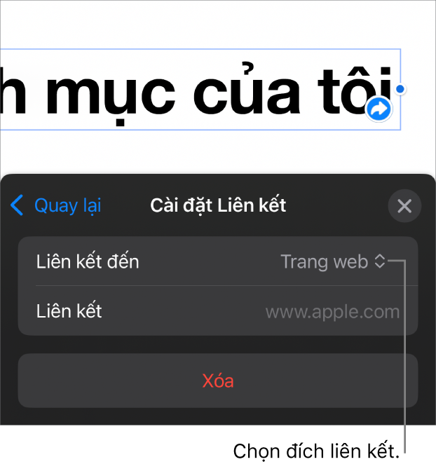 Các điều khiển Cài đặt Liên kết với Trang web được chọn và nút Xóa nằm ở cuối.