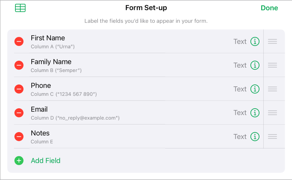 Form set-up controls, showing options to add, edit, reorder and delete fields, as well as to change the format of fields (such as from Text to Percentage).