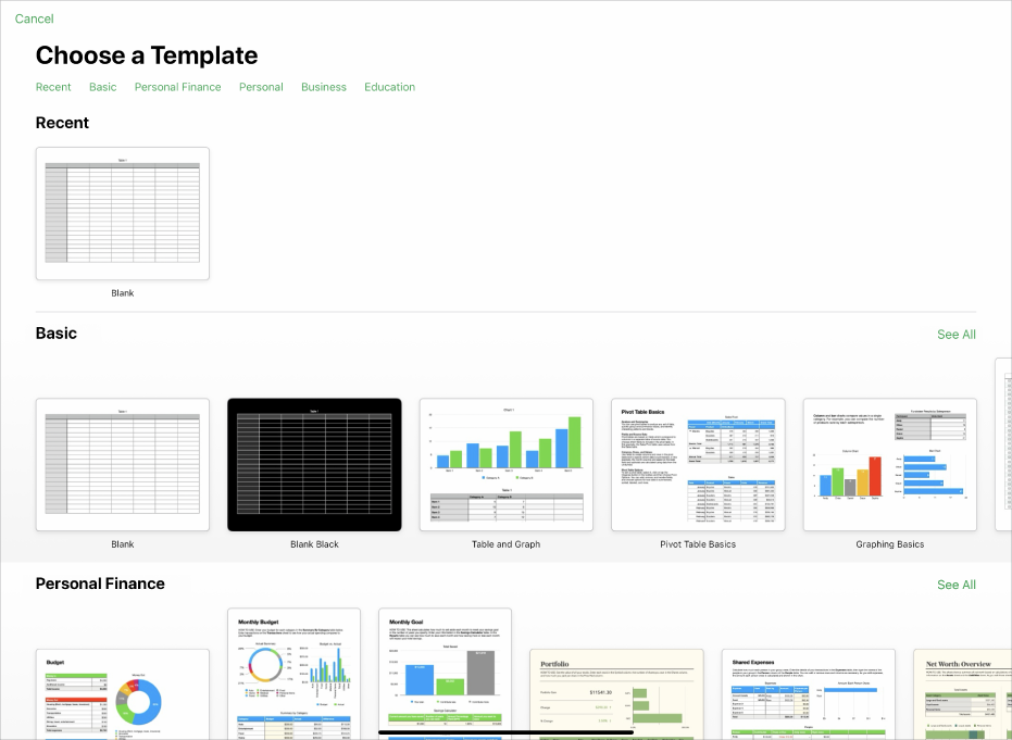 The template chooser, showing a row of categories across the top that you can tap to filter the options. Below are thumbnails of predesigned templates arranged in rows by category, starting with Recent at the top and followed by Basic and Personal Finance. A See All button appears above and to the right of each category row.