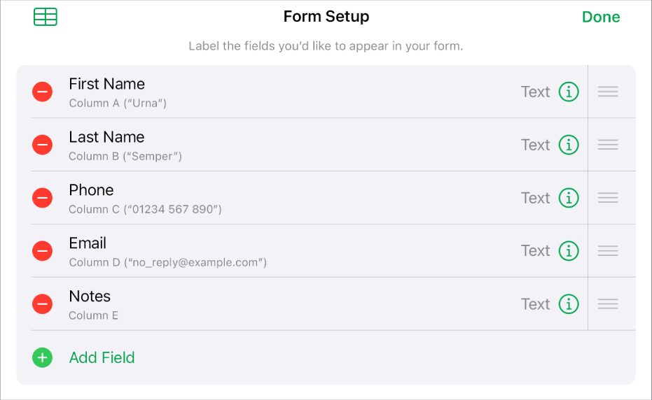 Form setup controls, showing options to add, edit, reorder and delete fields, as well as to change the format of fields (such as from Text to Percentage).
