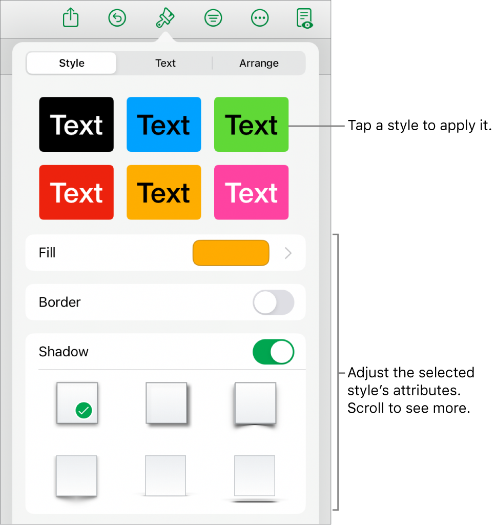 The Style tab of the Format menu with shape styles at the top and controls below them to change the fill, border and shadow.