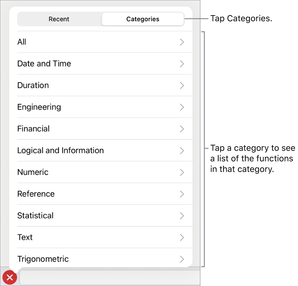 The Functions Browser with a callout to the Categories button and the list of categories.