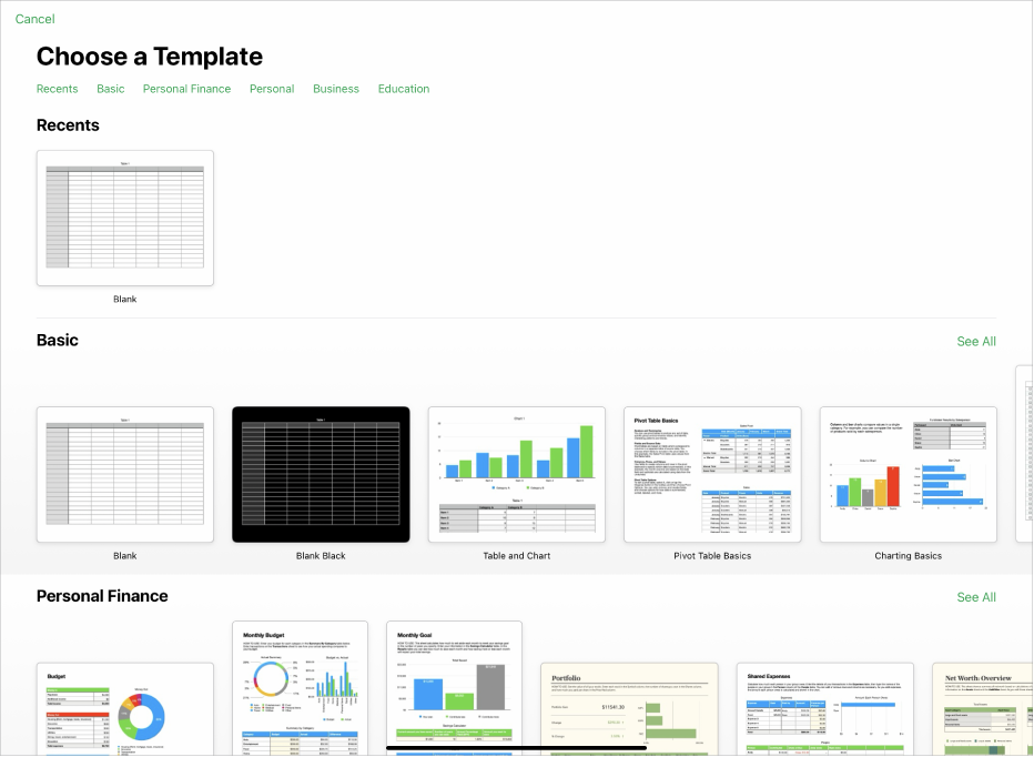 The template chooser, showing a row of categories across the top that you can tap to filter the options. Below are thumbnails of predesigned templates arranged in rows by category, starting with Recents at the top and followed by Basic and Personal Finance. A See All button appears above and to the right of each category row.