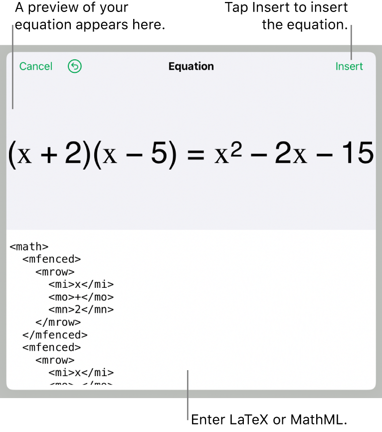 The Equation dialog, showing an equation written using MathML commands, and a preview of the formula above.